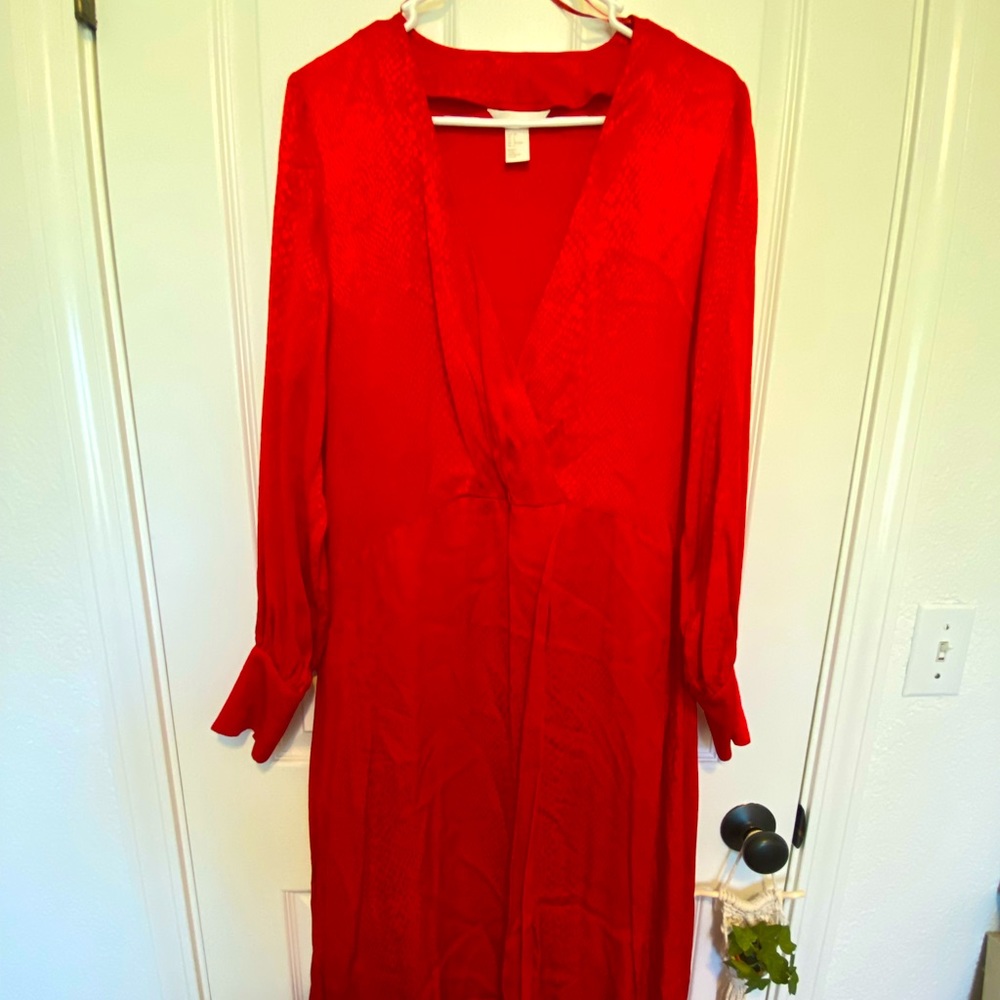 H&M Red Satin V Neck Faux Wrap Long Sleeve Dress